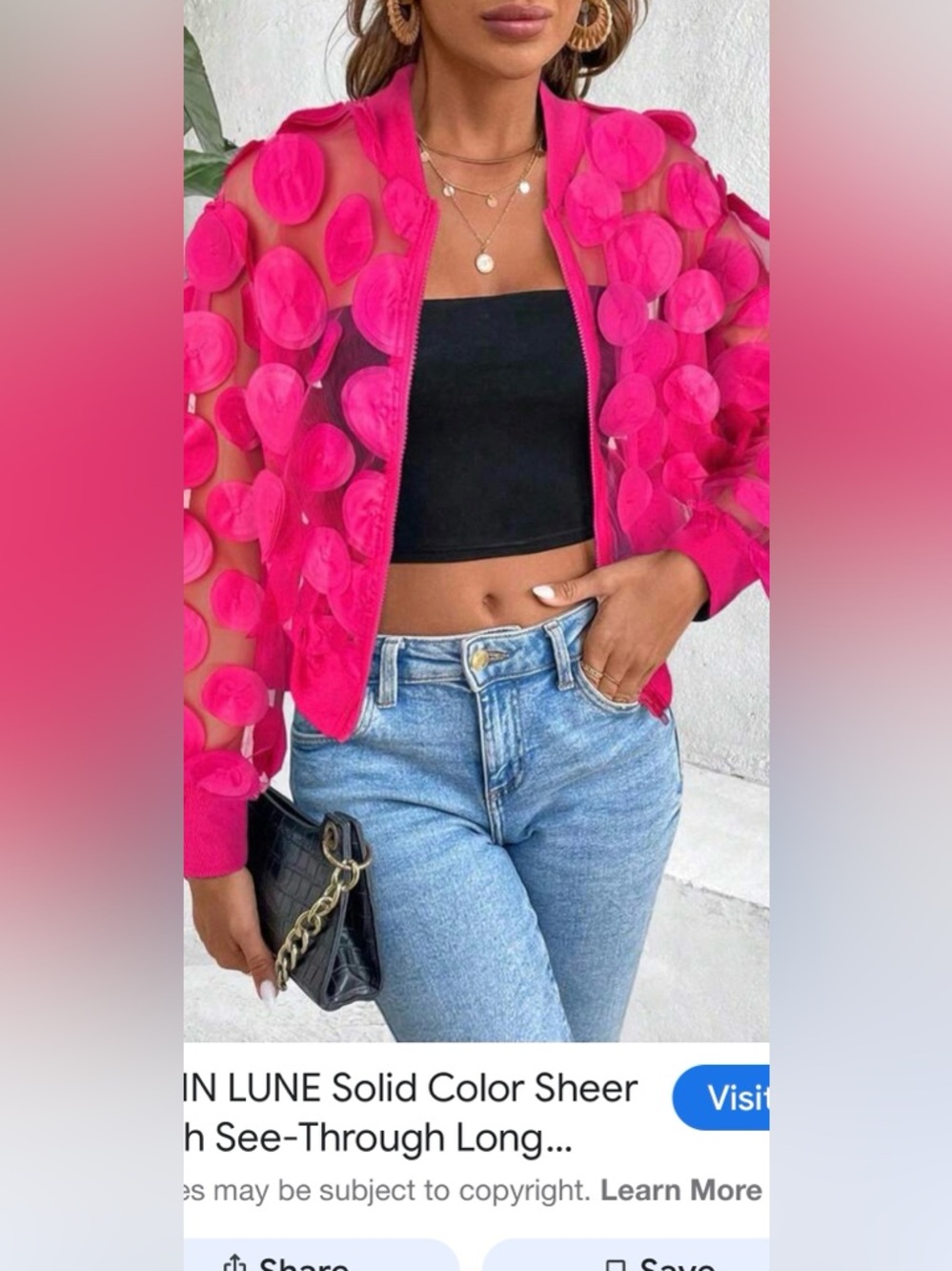 Hot pink cute mesh women bomber jacket